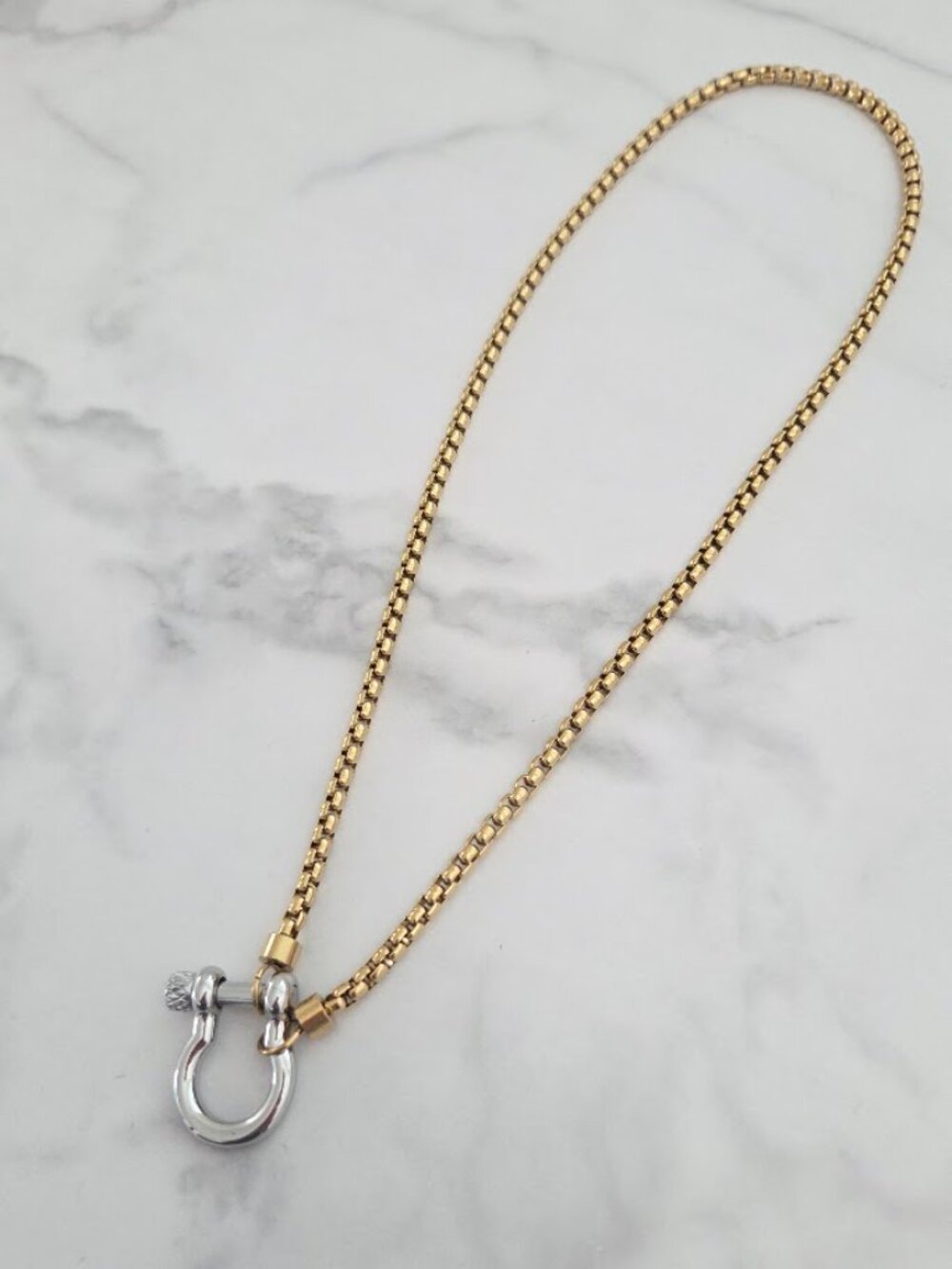 Stainless Steel Two Tone Horseshoe Shackle Clasp Box Chain Pendant Necklace - Picture 4 of 14